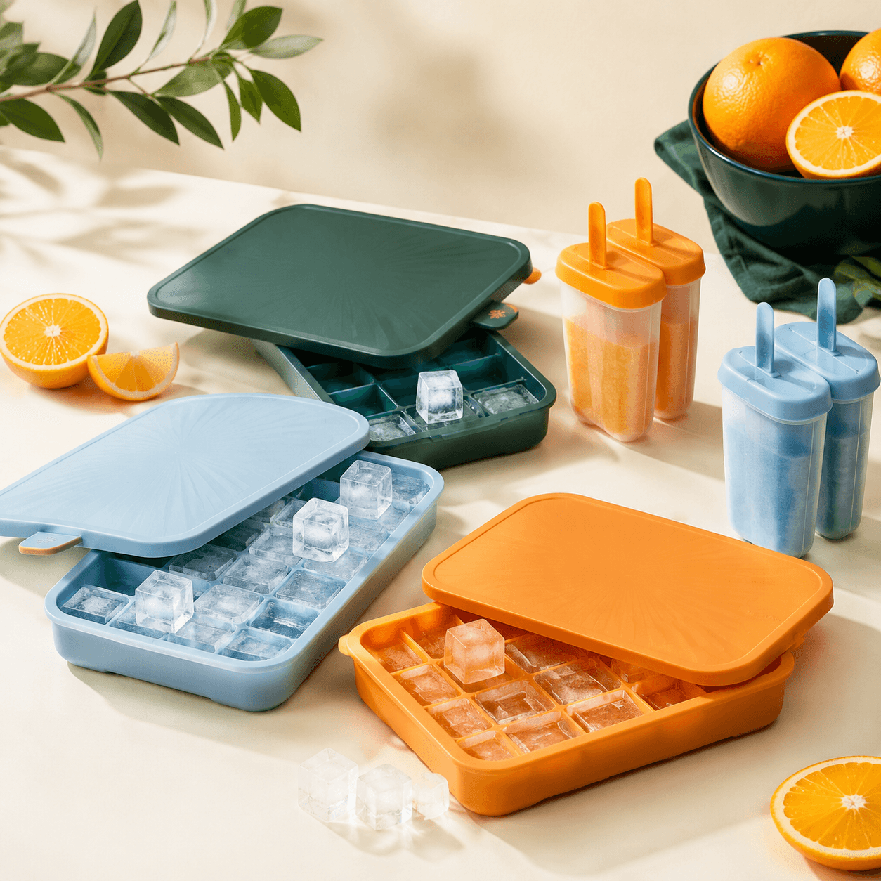Four lidded silicone ice cube trays and two popsicle molds in citrus and sky blue