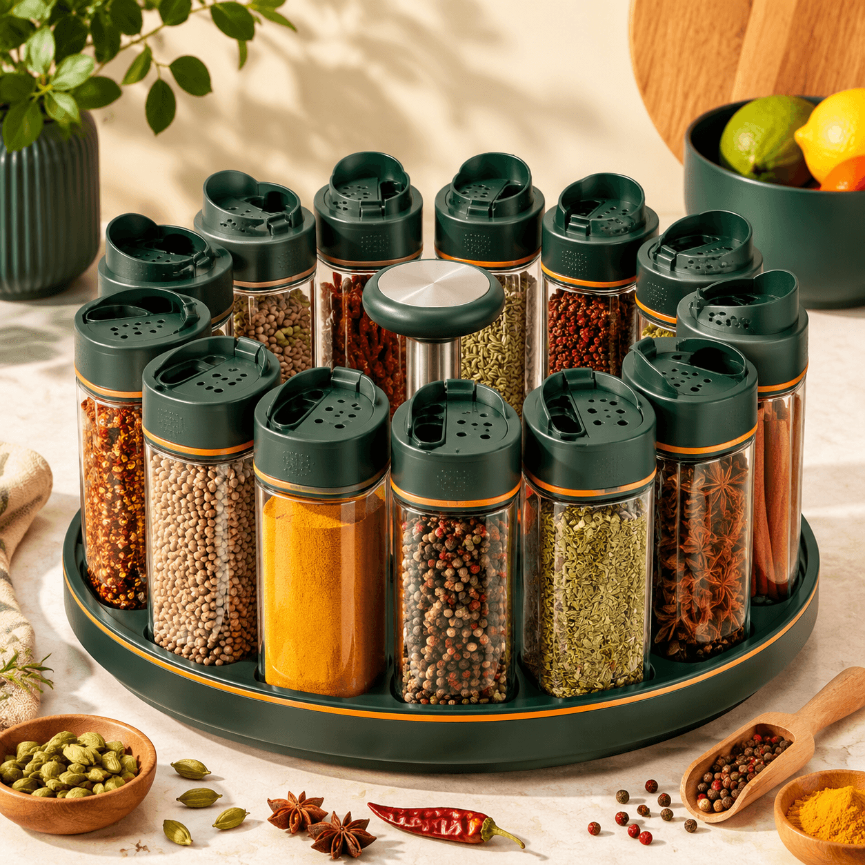 Twelve clear Tritan spice jars with pine shaker lids on a rotating carousel