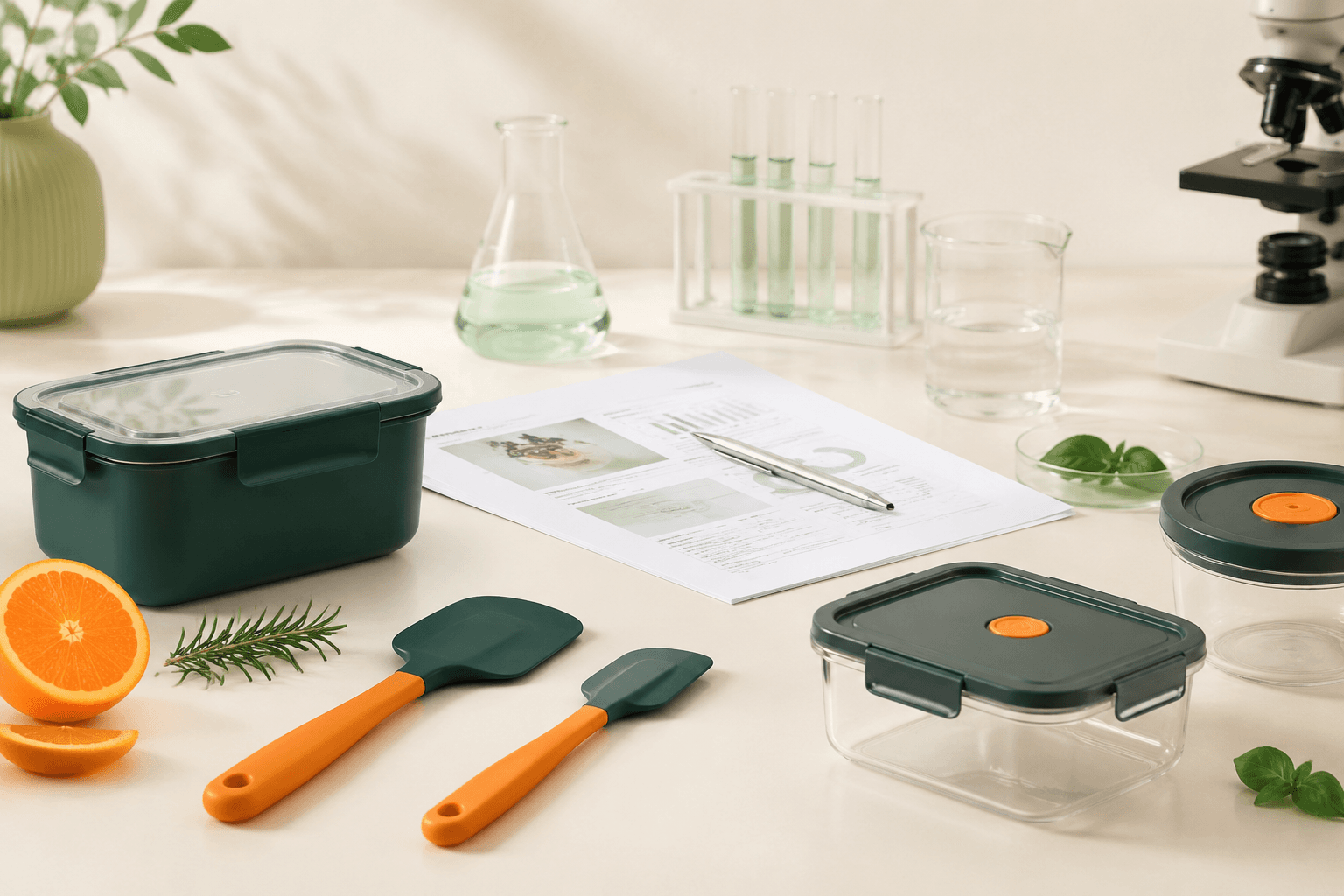 Food-safety testing bench with certification reports and kitchen storage samples