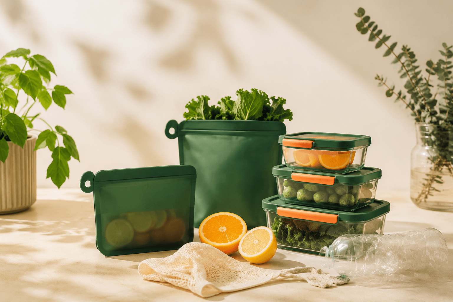 Reusable storage beside fresh plants representing reduced single-use plastic