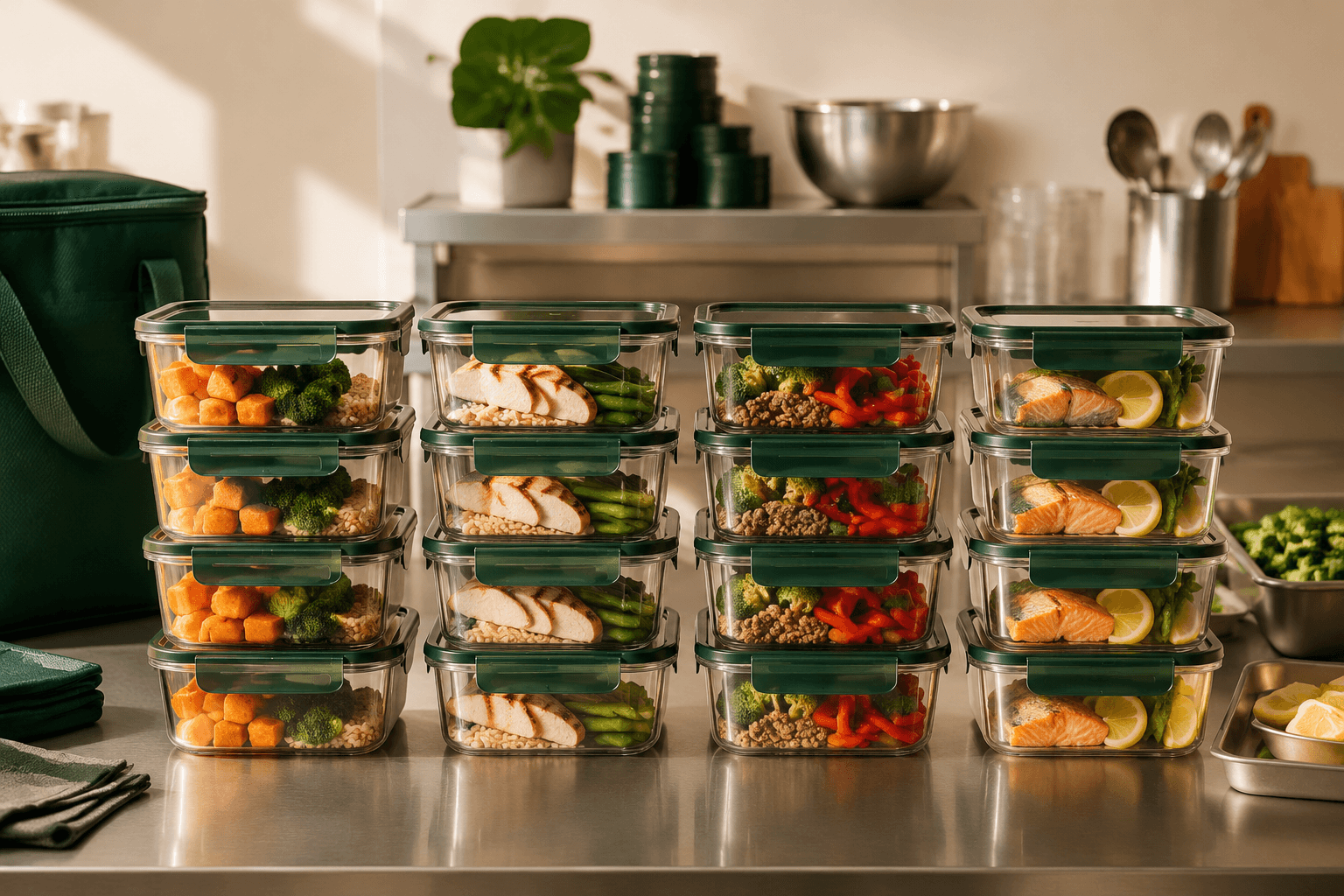 Commercial meal-prep kitchen with rows of stacked food storage containers
